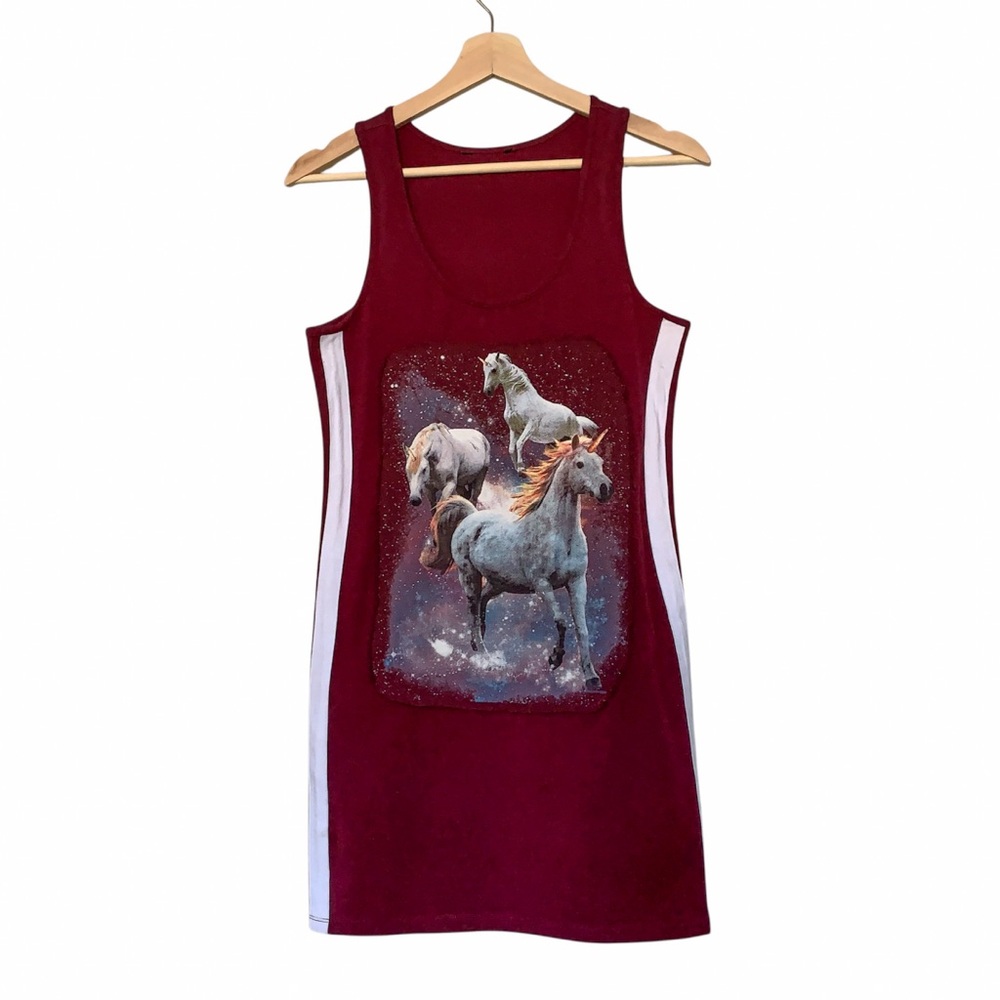 Prairie Chic Apparel Burgundy Long Length Tank Top with Space Unicorn Print
